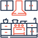 Small full kitchen icon with oven, sink, and range hood.
