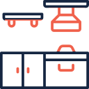 Small kitchen icon with oven and range hood.