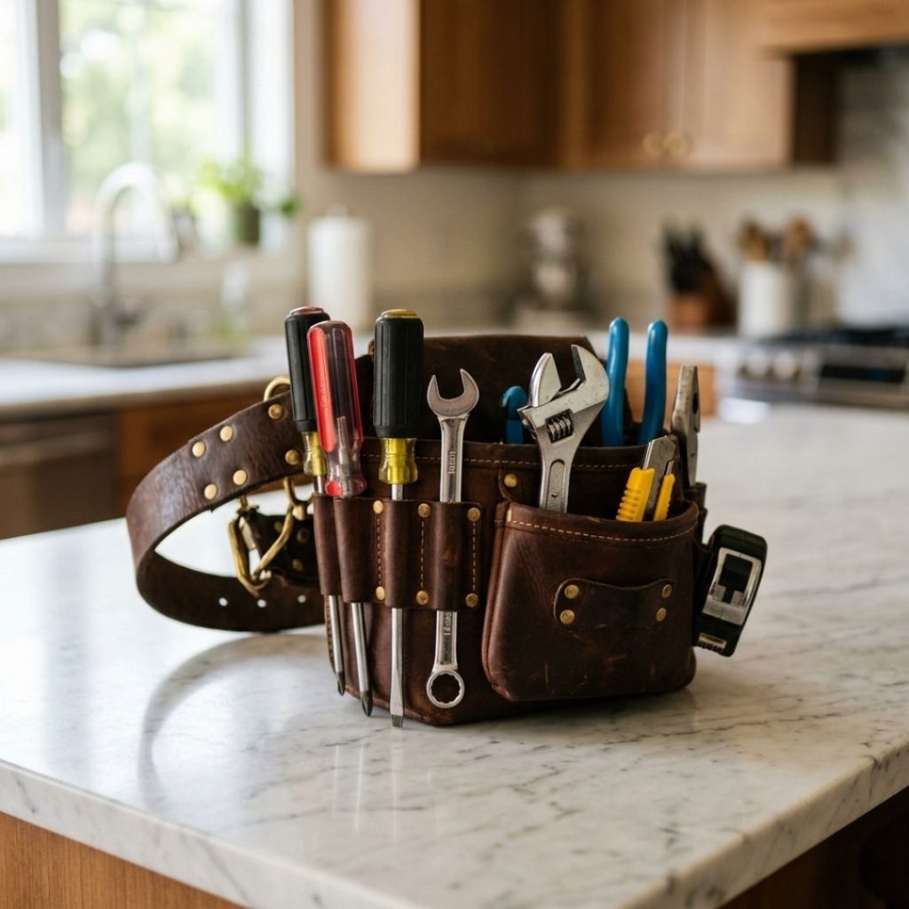 Professional hand tools resting on a clean marble kitchen countertop.