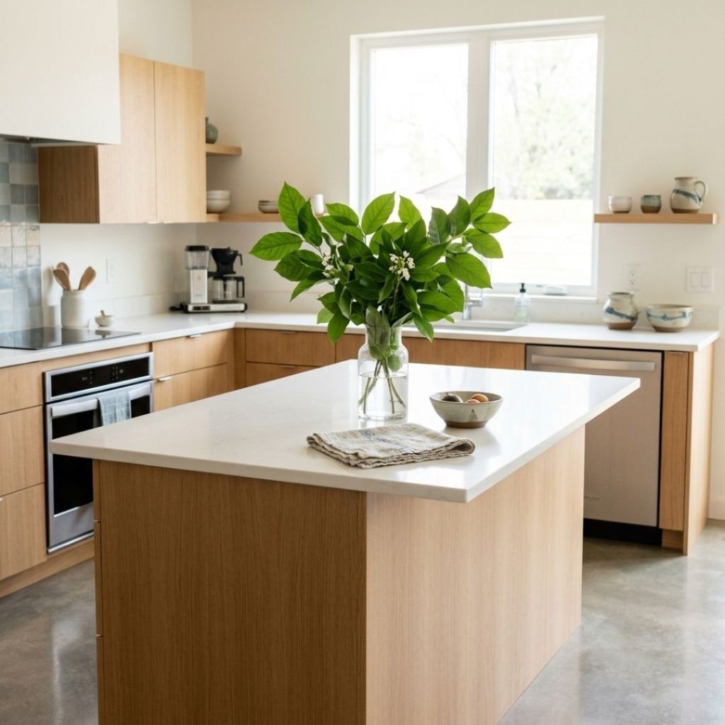 A peaceful and immaculately clean residential kitchen space.