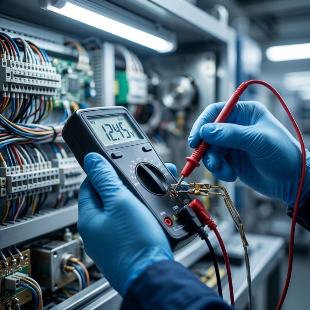 A professional technician using a digital multimeter to test electrical components.