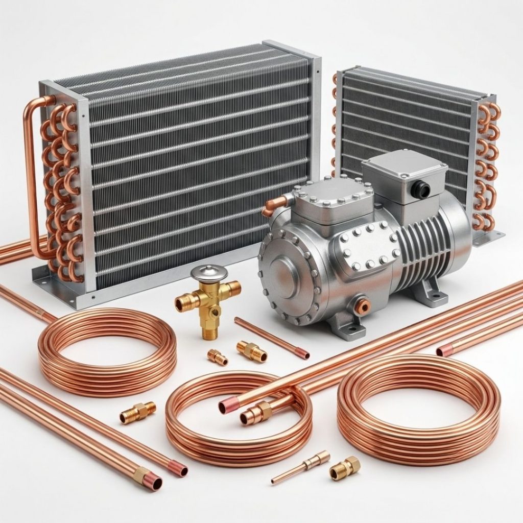 Brand-new commercial refrigeration components and shiny copper tubing.