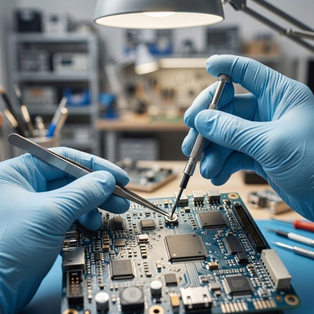 A professional technician adjusting an advanced electronic control board with precision tools.