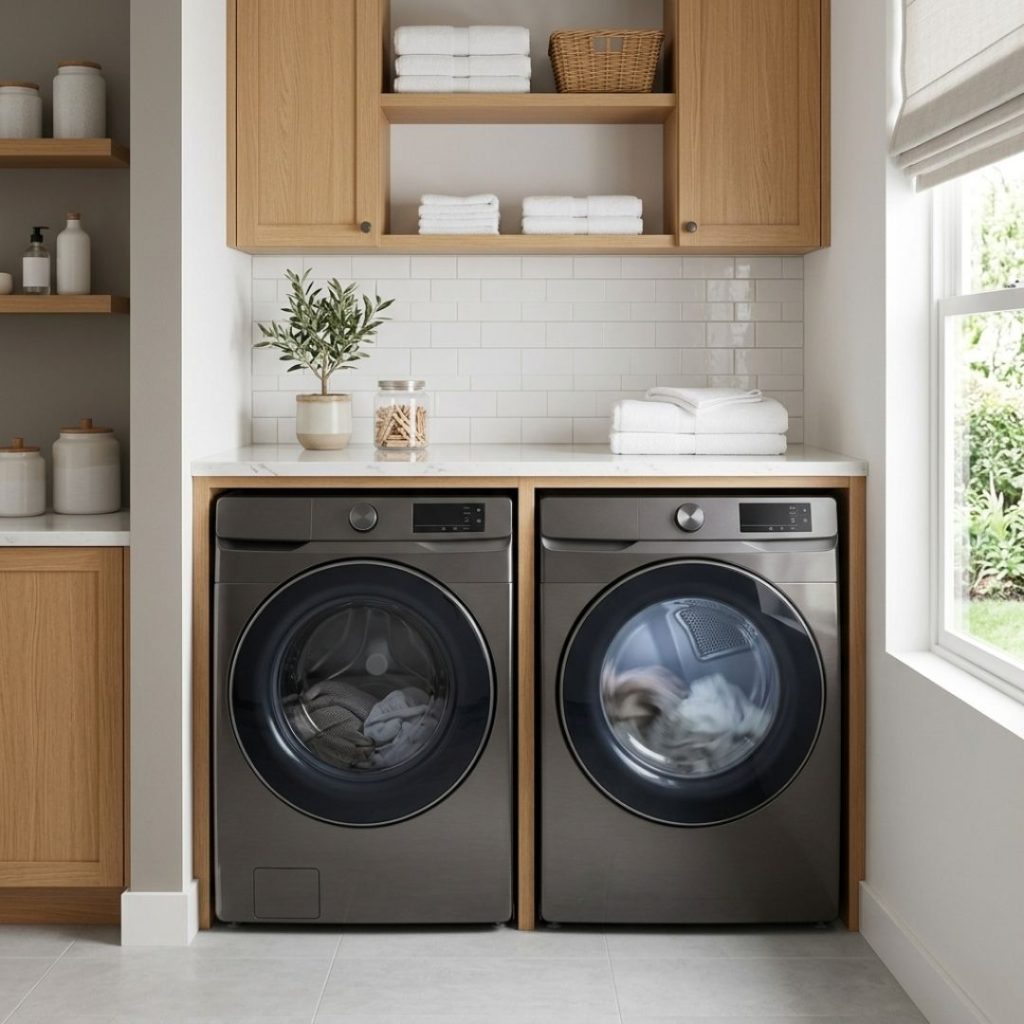 A modern laundry room featuring a pair of sleek, dark metallic front-loading machines.