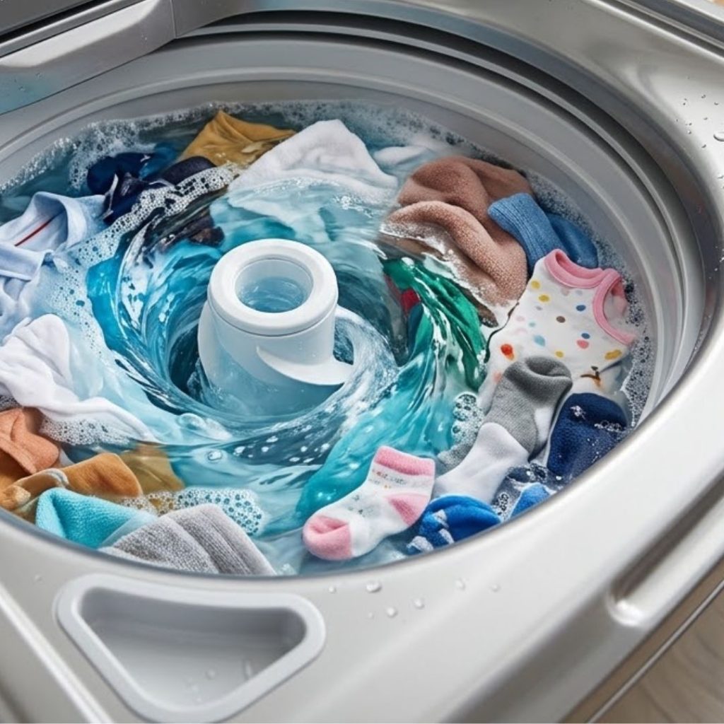 Top-load washing machine running a clean cycle in a residential laundry room.