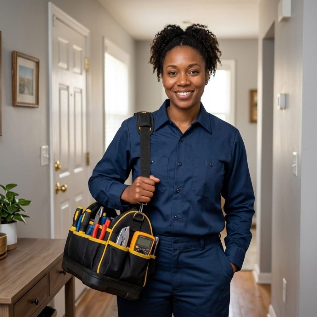 Certified female appliance repair technician standing holding a professional tool bag.