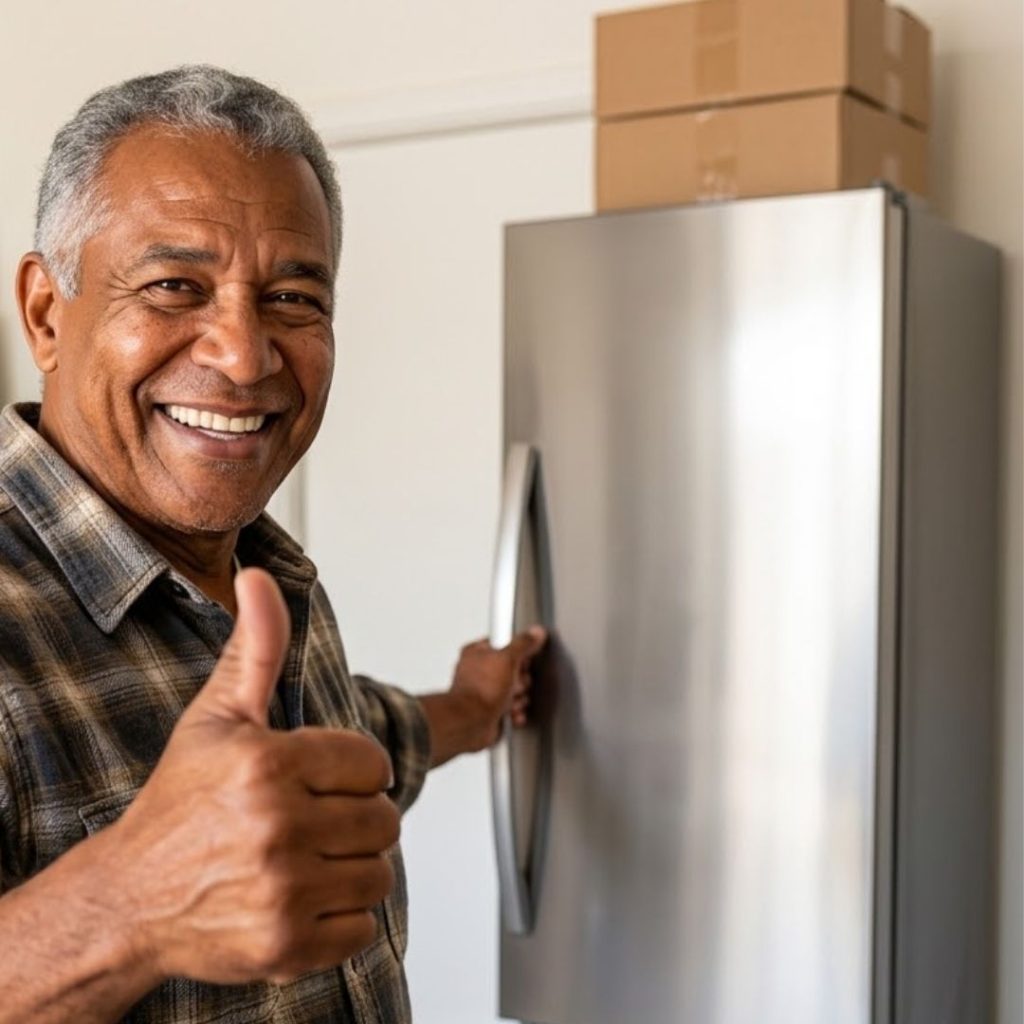 Happy homeowner giving a thumbs up next to a properly cooling garage freezer.