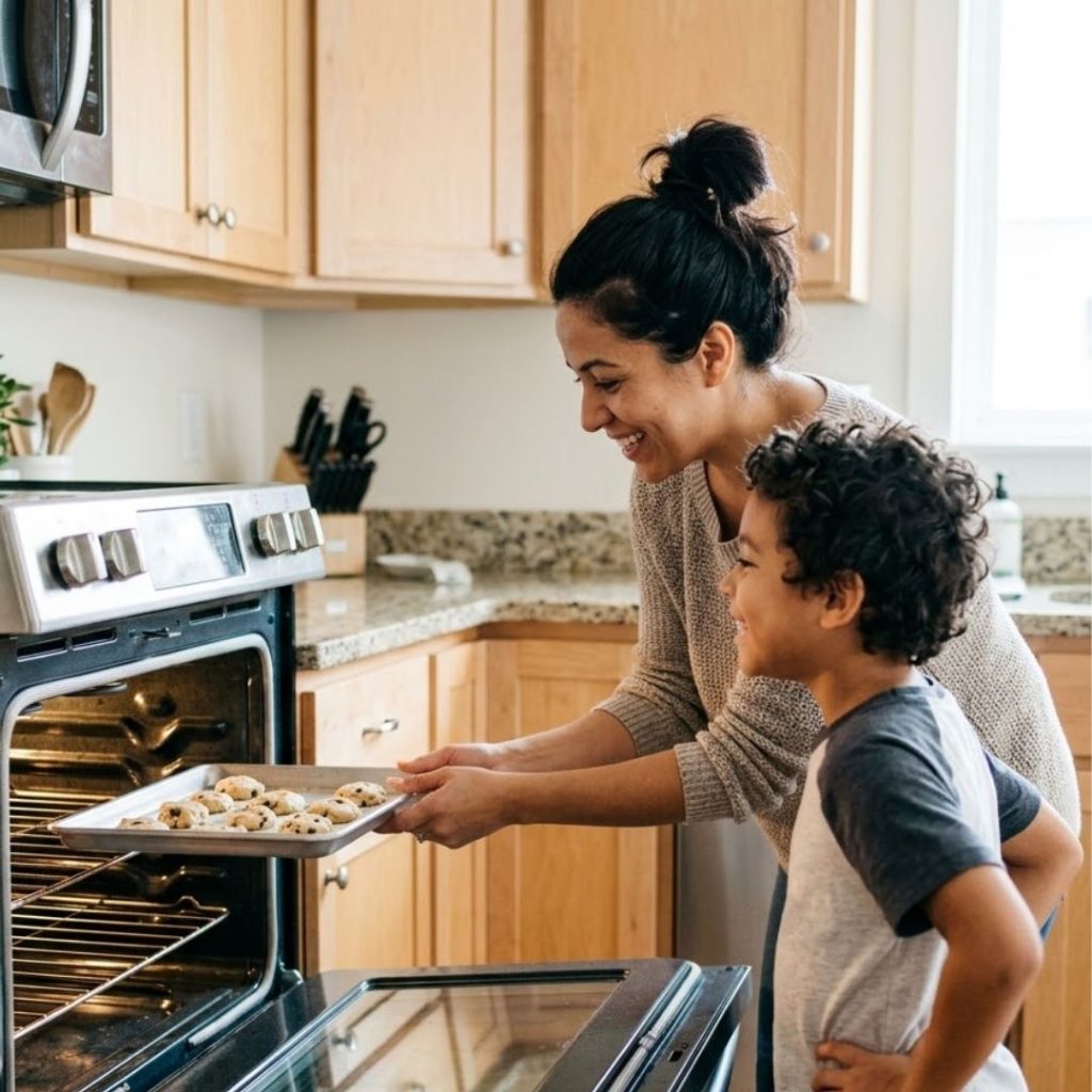Family using a freshly repaired electric oven in a clean, modern kitchen.