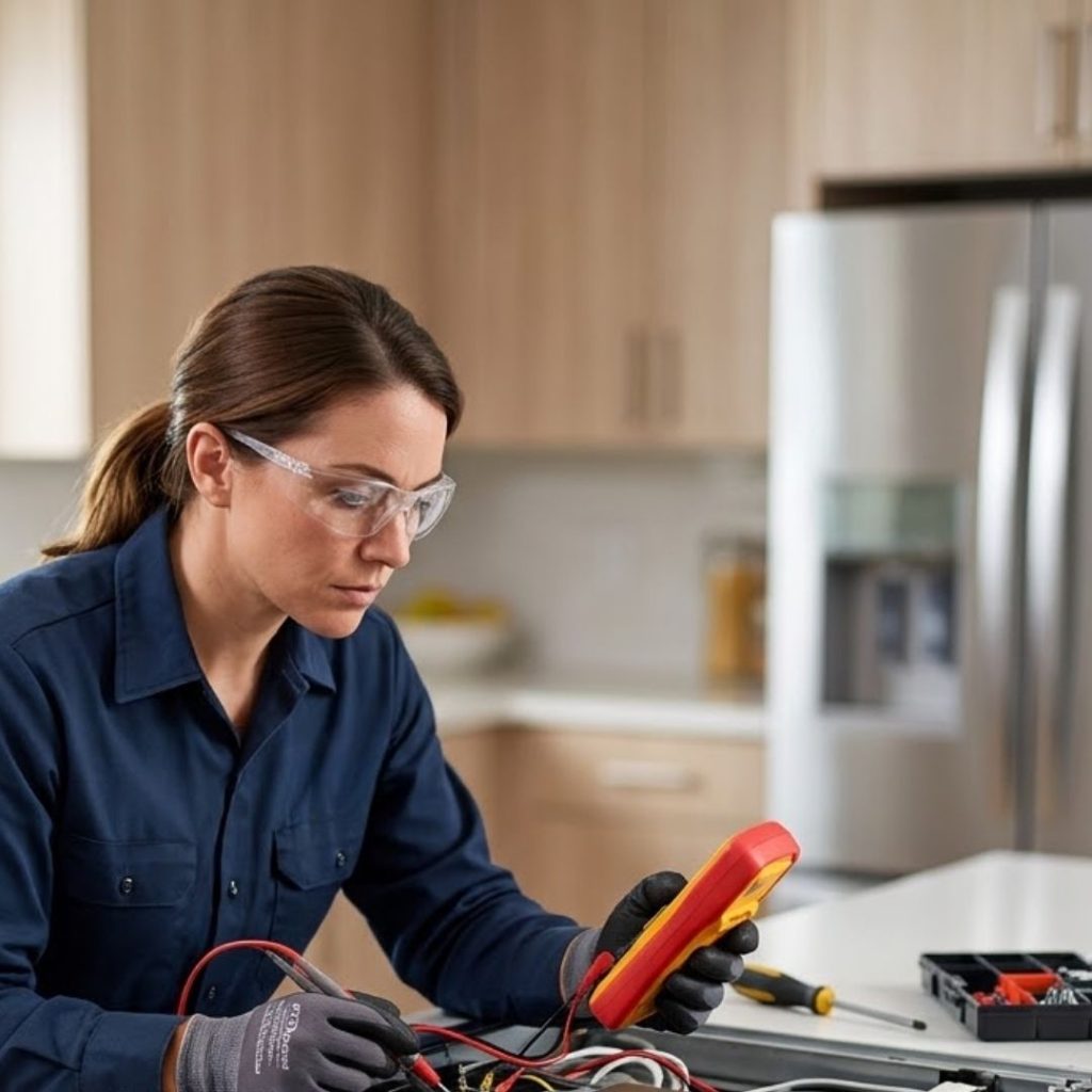 Female appliance technician testing an electric cooktop with a digital multimeter.