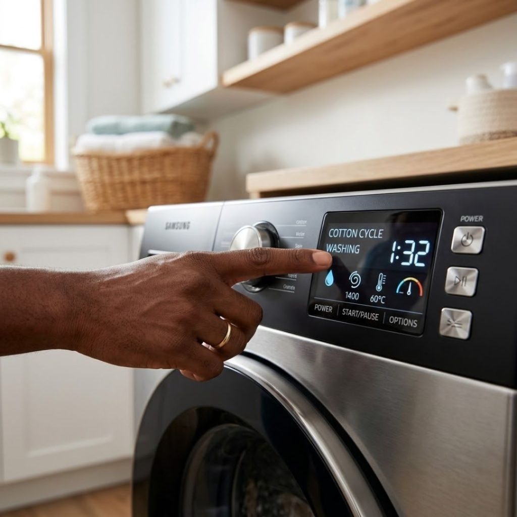 Homeowner pointing to the working digital control panel of a repaired washer.