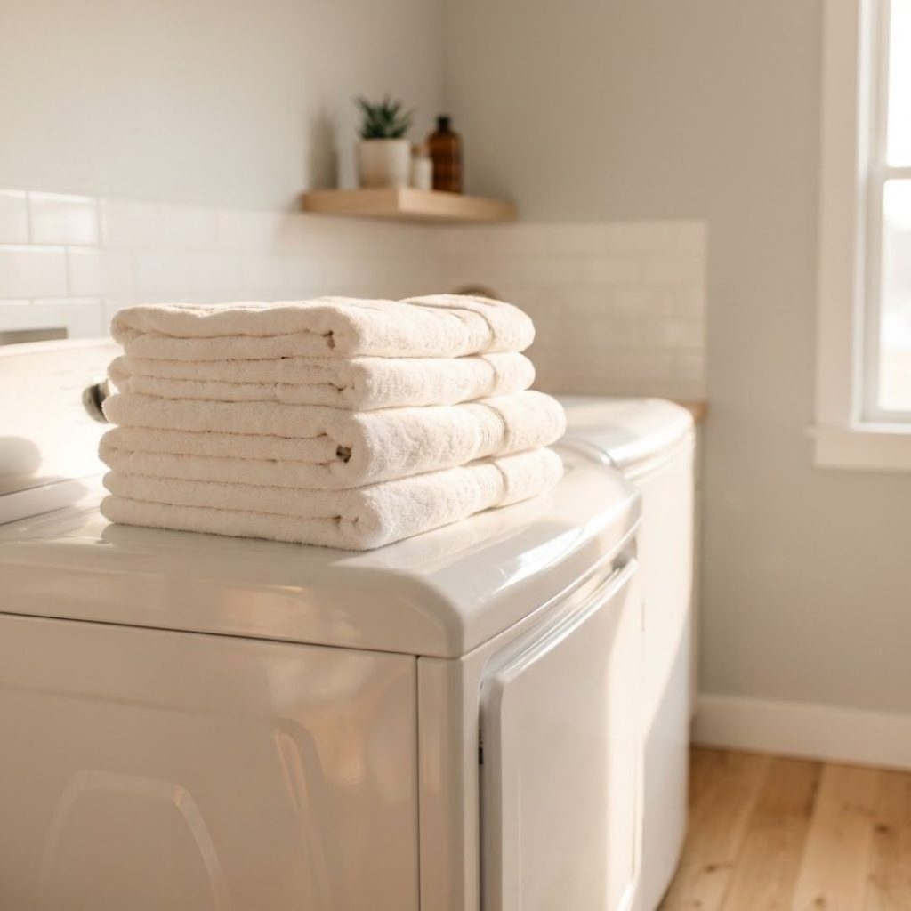 Stack of clean white towels resting on an efficient clothes dryer in a laundry room.