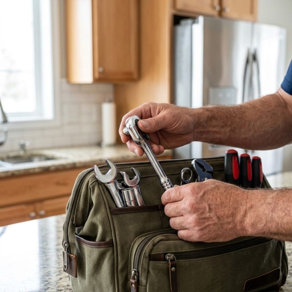 Technician packing professional repair tools into a canvas tool bag after a job.