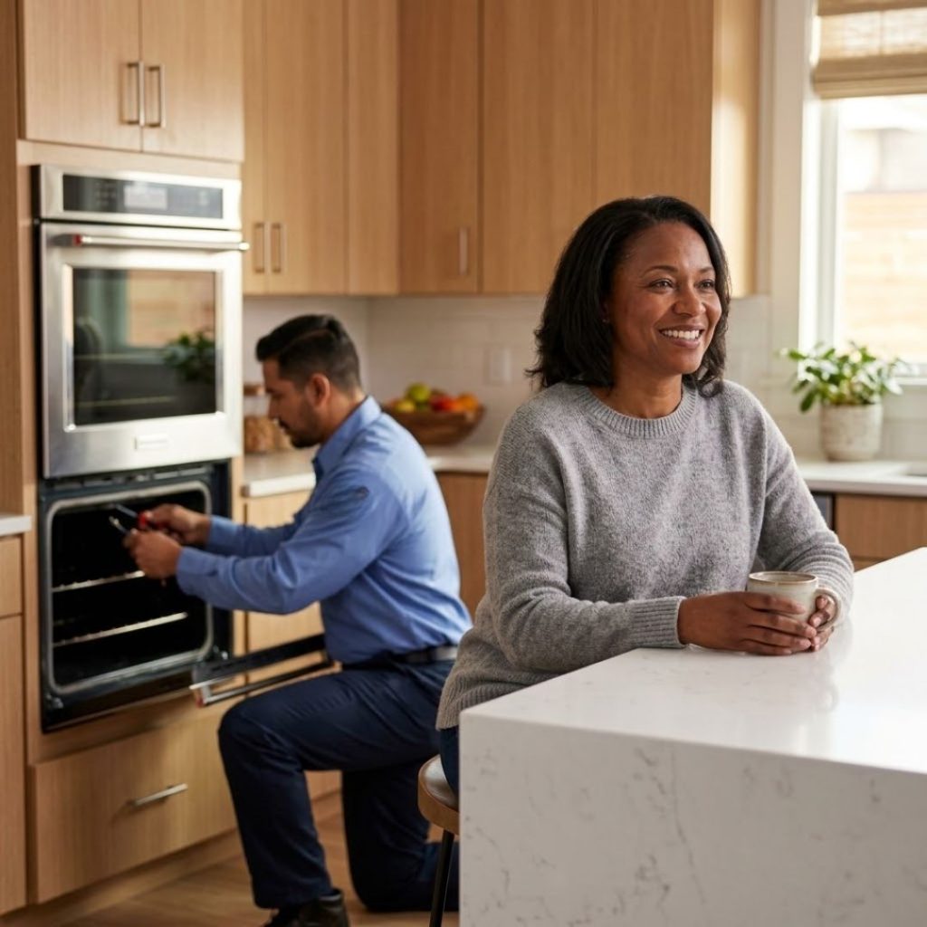 Homeowner relaxing comfortably at a kitchen island while a technician repairs an oven.