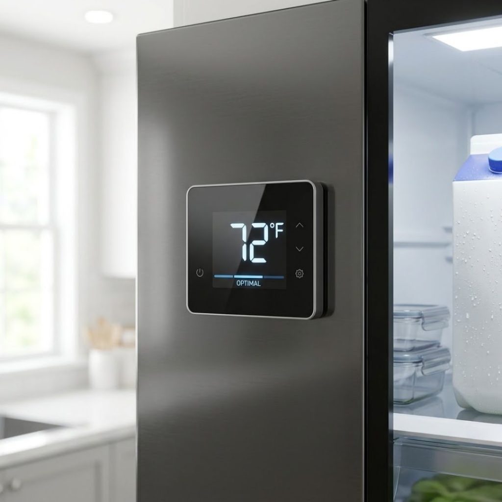 Digital refrigerator thermostat displaying an optimal cold temperature setting.
