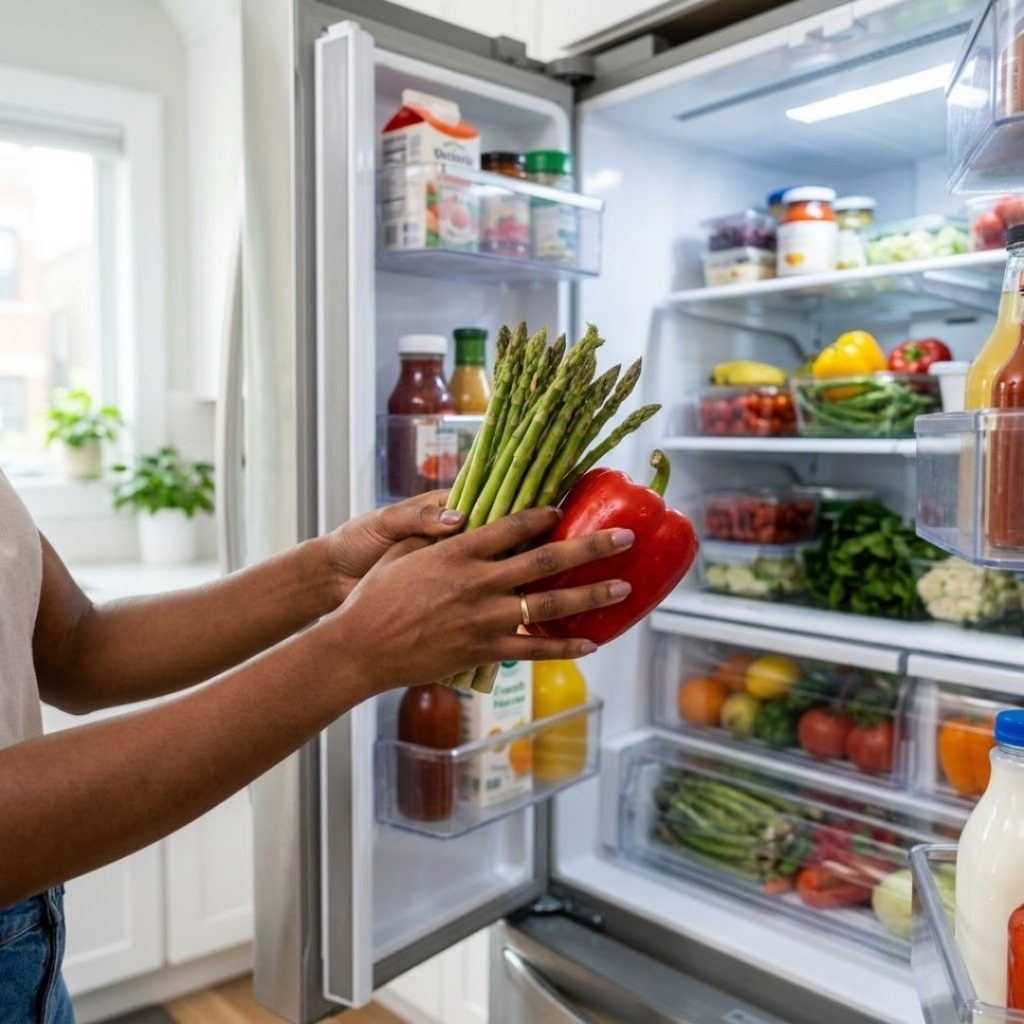 Homeowner placing fresh produce inside a fully functional kitchen refrigerator.