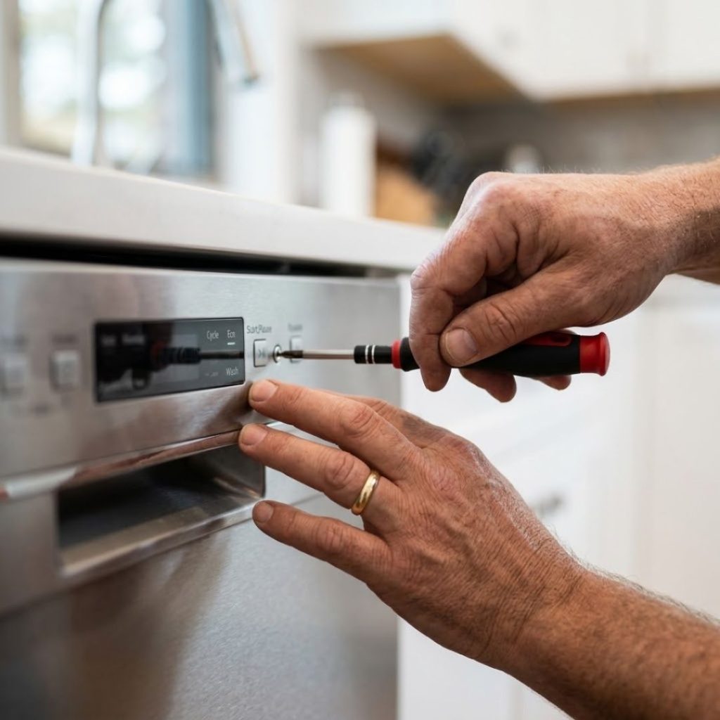 Professional technician repairing the digital control panel of a modern dishwasher.
