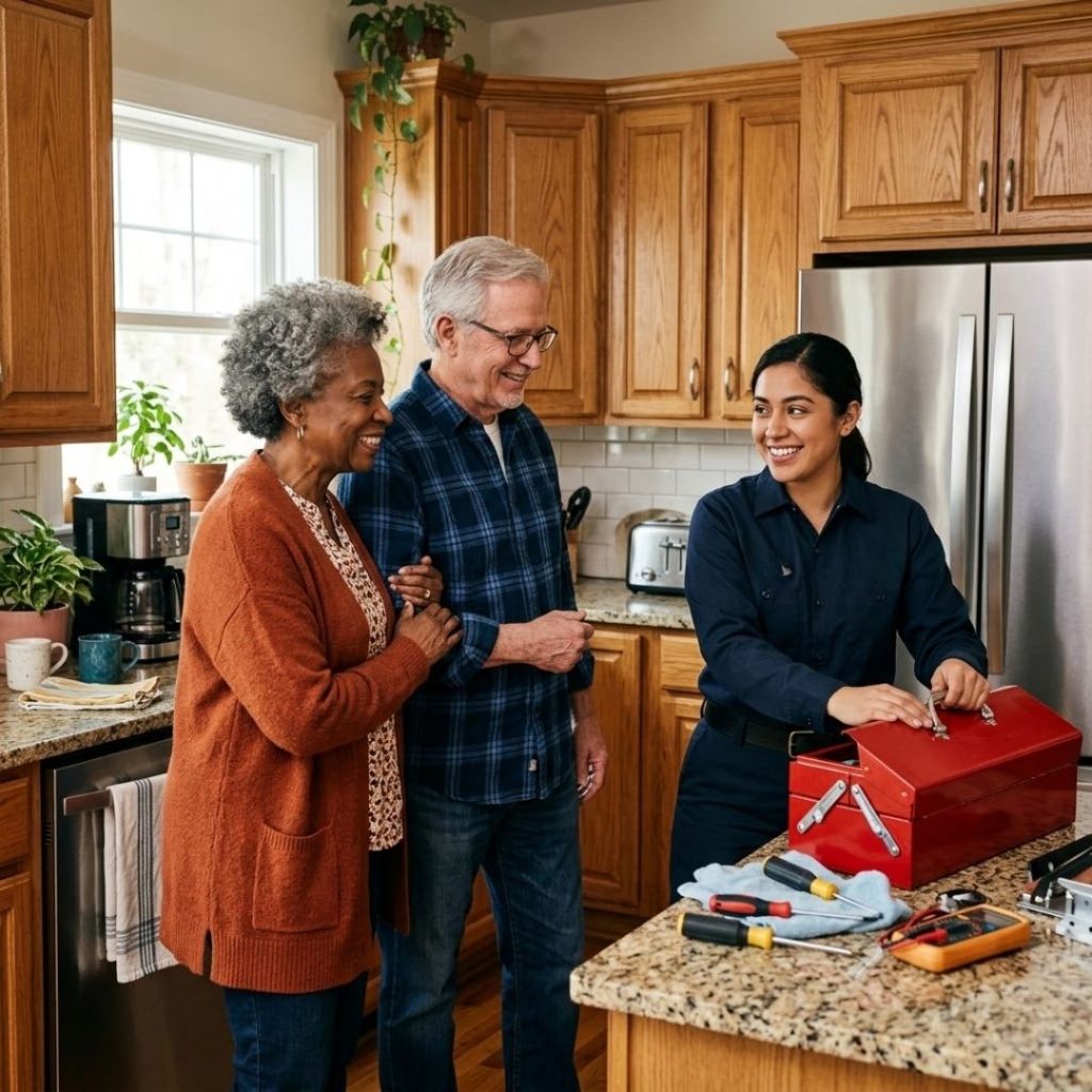 Satisfied homeowners speaking with an appliance repair technician in their kitchen.