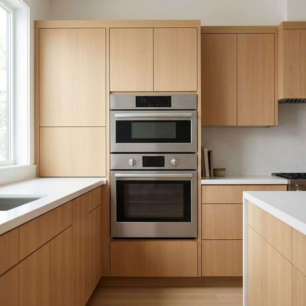 Modern luxury kitchen featuring high-end integrated stainless steel home appliances.